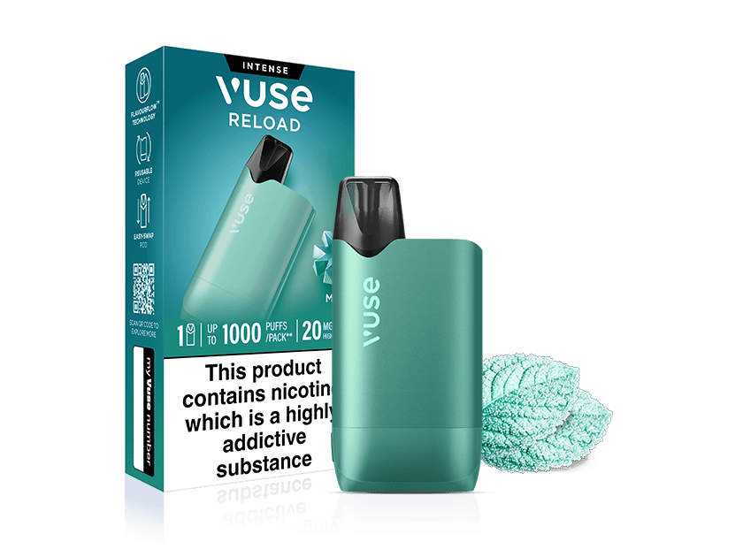 A turquoise Vuse Reload rechargeable vape device next to a Mint Ice Vuse Reload Box featuring a mint leaf graphic and a nicotine warning label.