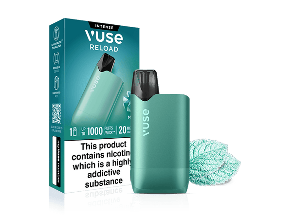 A turquoise Vuse Reload rechargeable vape device next to a Mint Ice Vuse Reload Box featuring a mint leaf graphic and a nicotine warning label.
