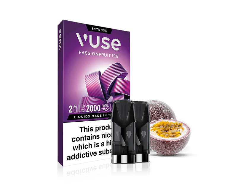 A Vuse Passionfruit Ice vape pod pack with three black pods in front. The box is purple with a passionfruit image and text warnings about nicotine. A halved passionfruit is shown beside the pods.