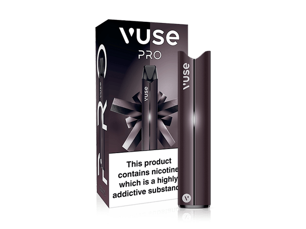 A Vuse Pro vape device stands next to its packaging, which features the product image and prominent text warning: This product contains nicotine which is a highly addictive substance.