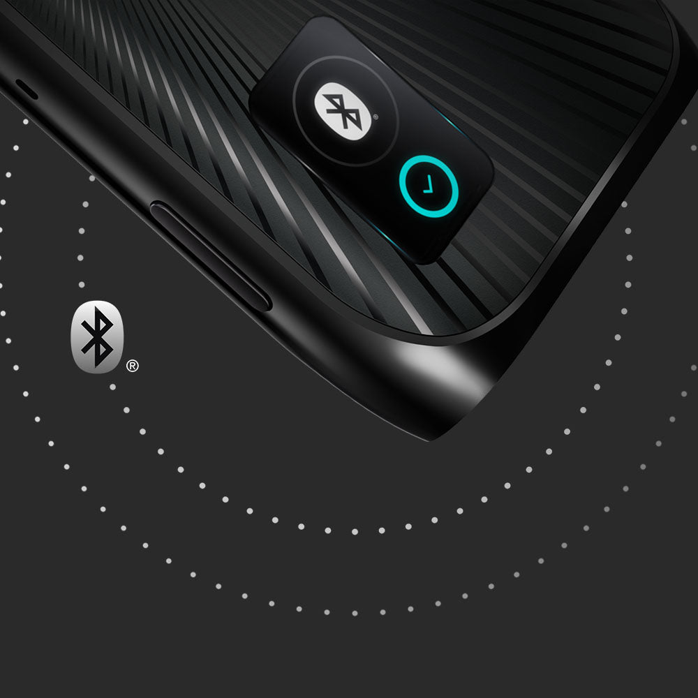 A close-up of a smartphone with a glowing Bluetooth symbol on its screen, surrounded by dotted circular lines, on a dark background with the Bluetooth logo to the left.