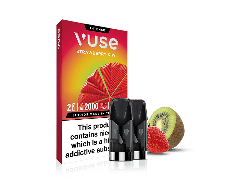 A Vuse Strawberry Kiwi vape pod pack is shown with two vape pods in front, alongside a sliced kiwi and a strawberry on a white background. A nicotine warning label appears on the box.