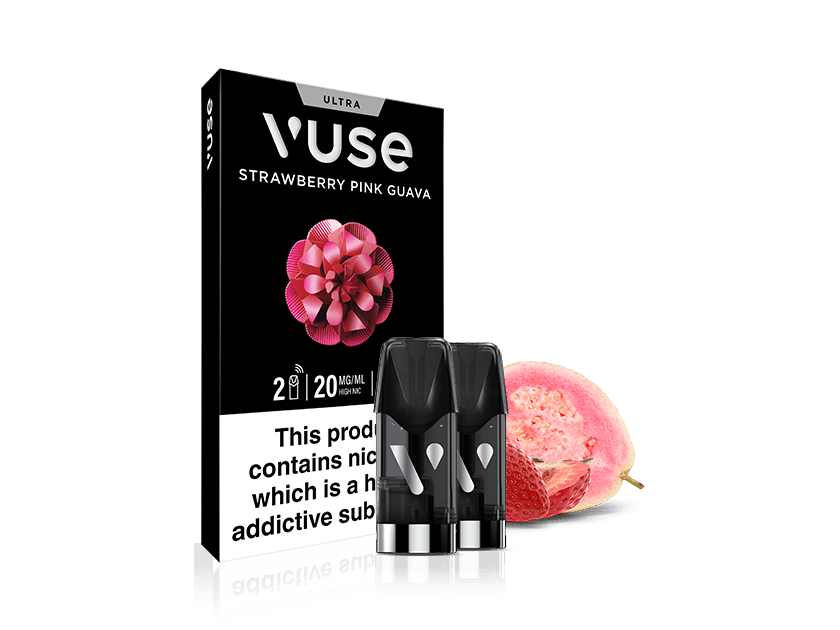 A Vuse Ultra Strawberry Pink Guava vape pod pack is displayed with two pods in front and a sliced pink guava fruit beside the box. The packaging features a pink flower design and a nicotine warning label.
