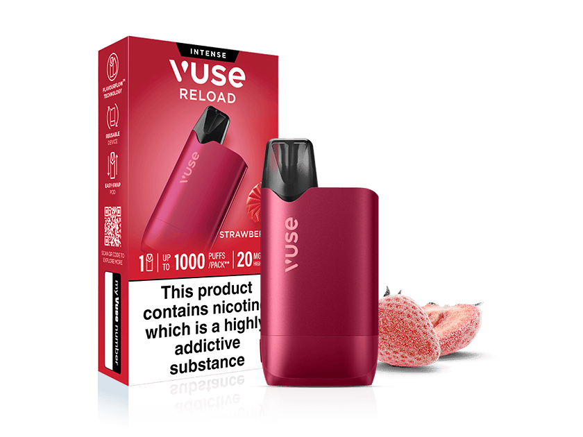 A red Vuse Reload vape device next to its Strawberry Ice Vuse Reload Box, accompanied by two halved strawberries.