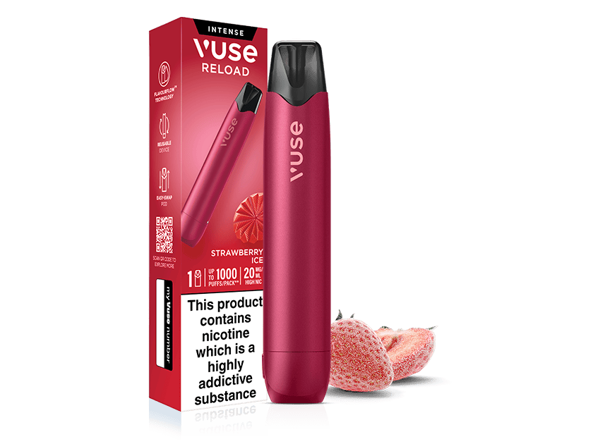 A magenta Strawberry Ice Vuse Reload Pen stands next to its retail box, which features a picture of a strawberry and a prominent nicotine warning label.