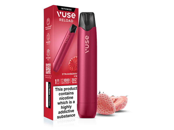 A magenta Strawberry Ice Vuse Reload Pen stands next to its retail box, which features a picture of a strawberry and a prominent nicotine warning label.