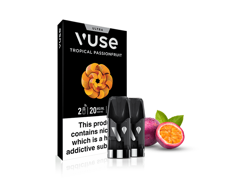 A Vuse Tropical Passionfruit vape pod pack is shown with two vape pods in front and a halved passionfruit beside the box. The packaging states 20mg/ml nicotine and includes a health warning.