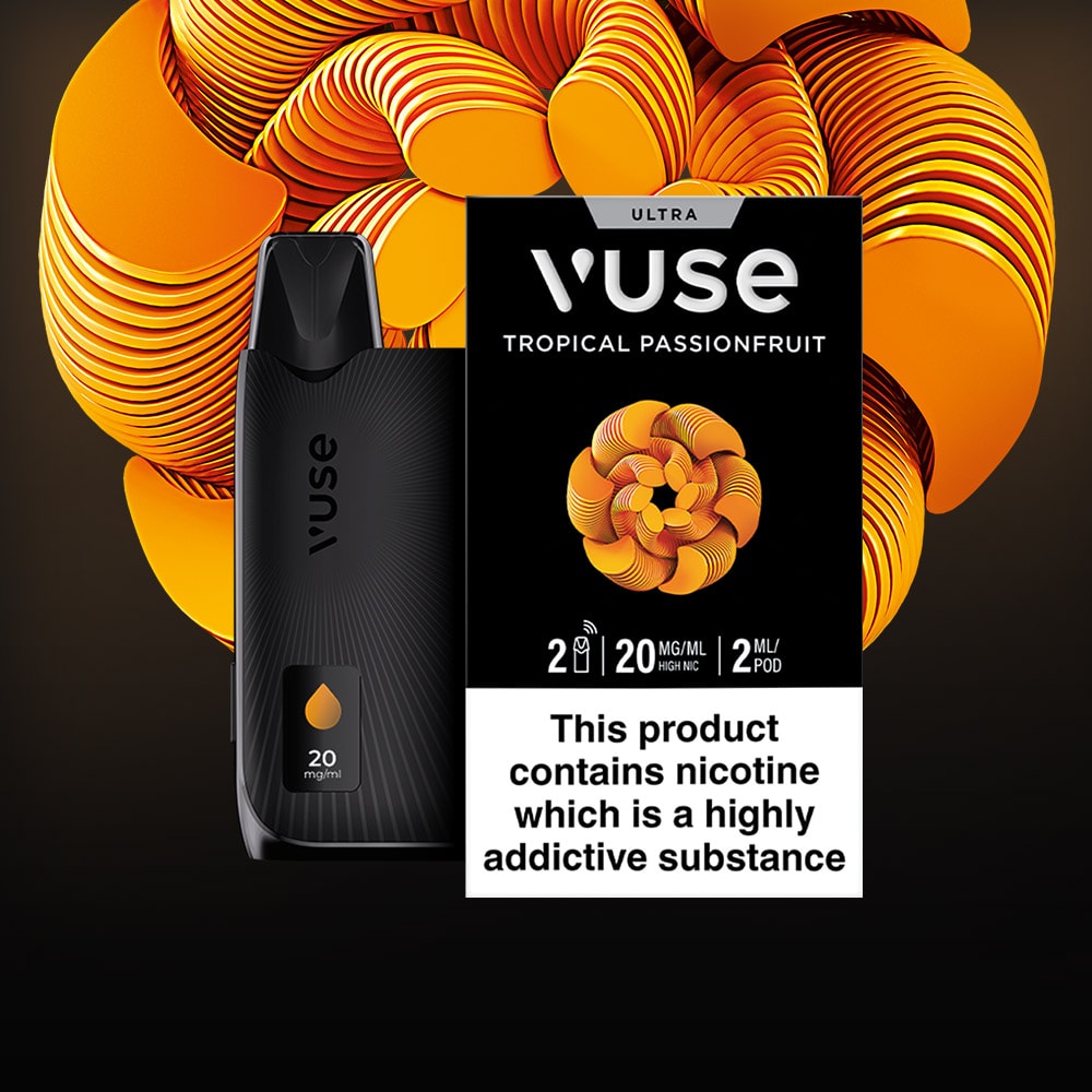 Vuse device next to a pack of flavour pods against a flower orb background