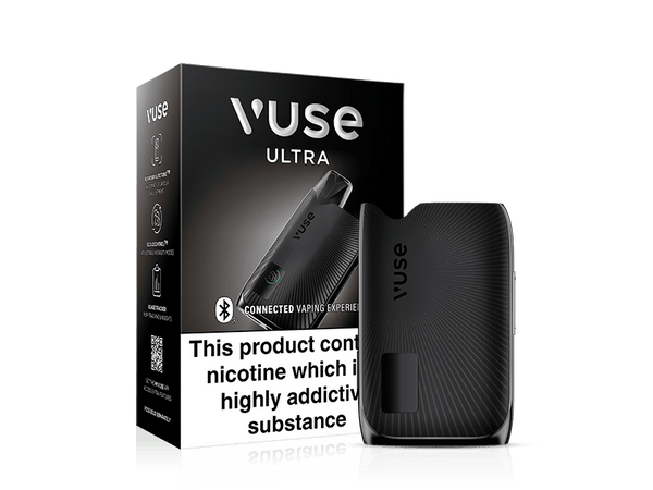 A Vuse Ultra vaping device is shown next to its black packaging box, which features the product name and a nicotine addiction warning label. The device and box both have a sleek, modern design.