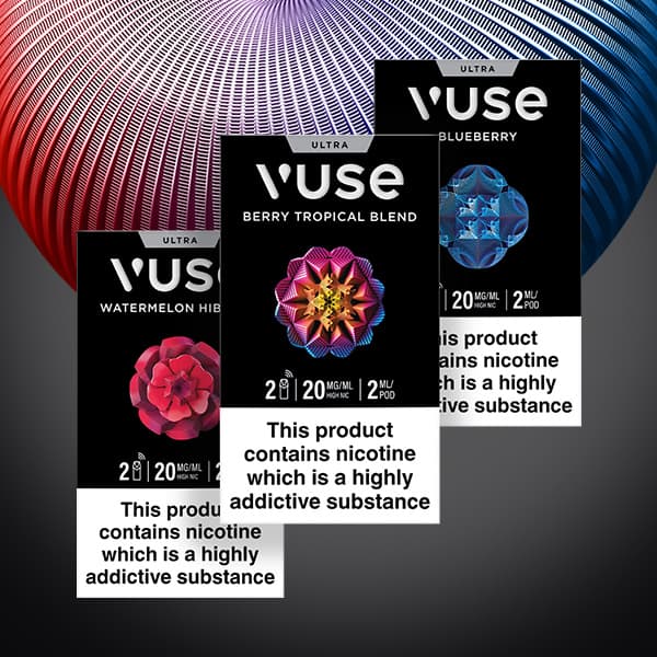 Three packs of Vuse flavour pods set against a colourful orb background.