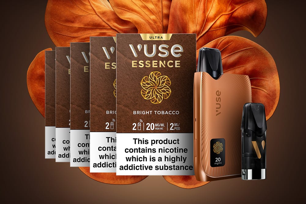 Five Vuse Essence Bright Tobacco packages with nicotine warning, a gold Vuse vape device, and a vape pod are displayed against a brown, abstract floral background.