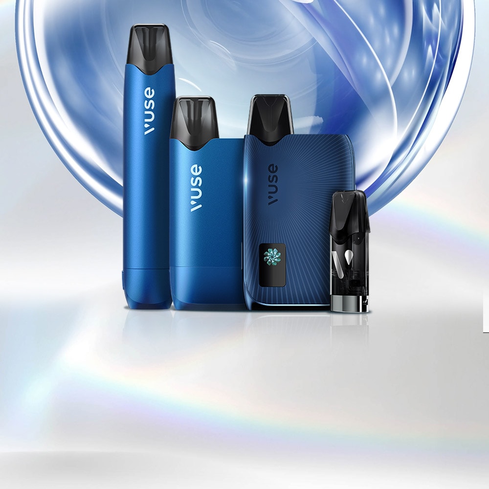 Four blue Vuse vape devices and one cartridge are displayed upright against a shiny, abstract blue and white background with a subtle rainbow sheen.