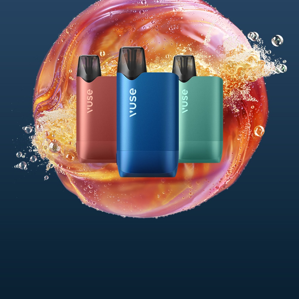 Three colorful Vuse vape devices (red, blue, and green) are displayed in front of a vibrant, swirling burst of orange and yellow liquid against a dark blue background.