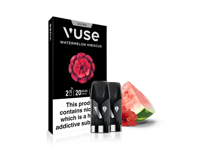 A Vuse Watermelon Hibiscus vape pod box with a red flower, two vape pods in front, and a watermelon slice, plus a nicotine warning label at the bottom of the box.
