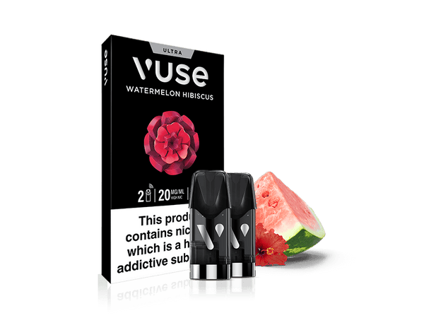 A Vuse Watermelon Hibiscus vape pod box with a red flower, two vape pods in front, and a watermelon slice, plus a nicotine warning label at the bottom of the box.