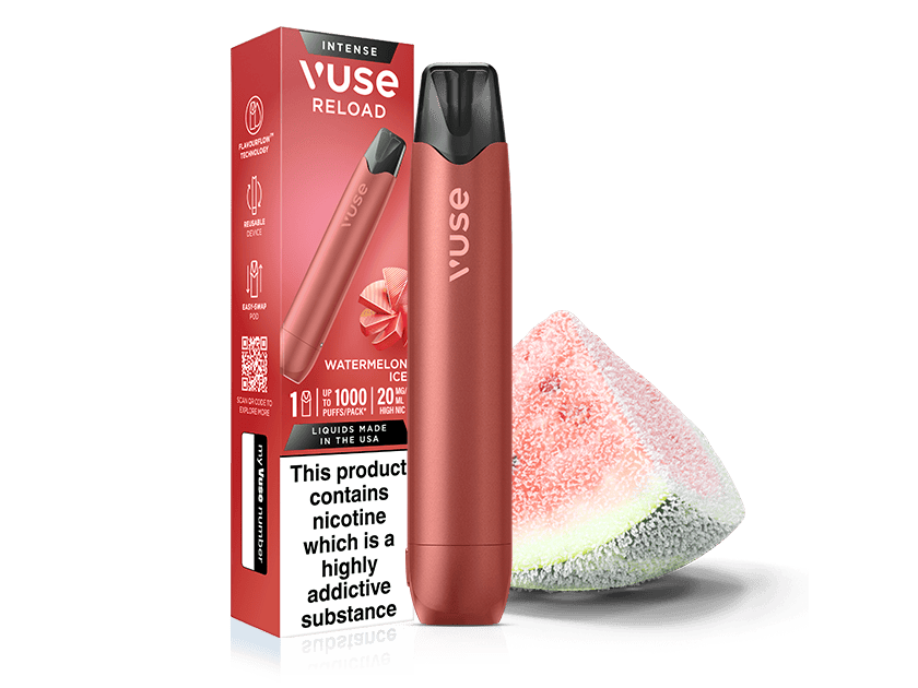 A red Vuse Reload vape pen stands next to its packaging, labeled Watermelon Ice. A watermelon slice is in the background. The box displays a nicotine warning and flavor details.