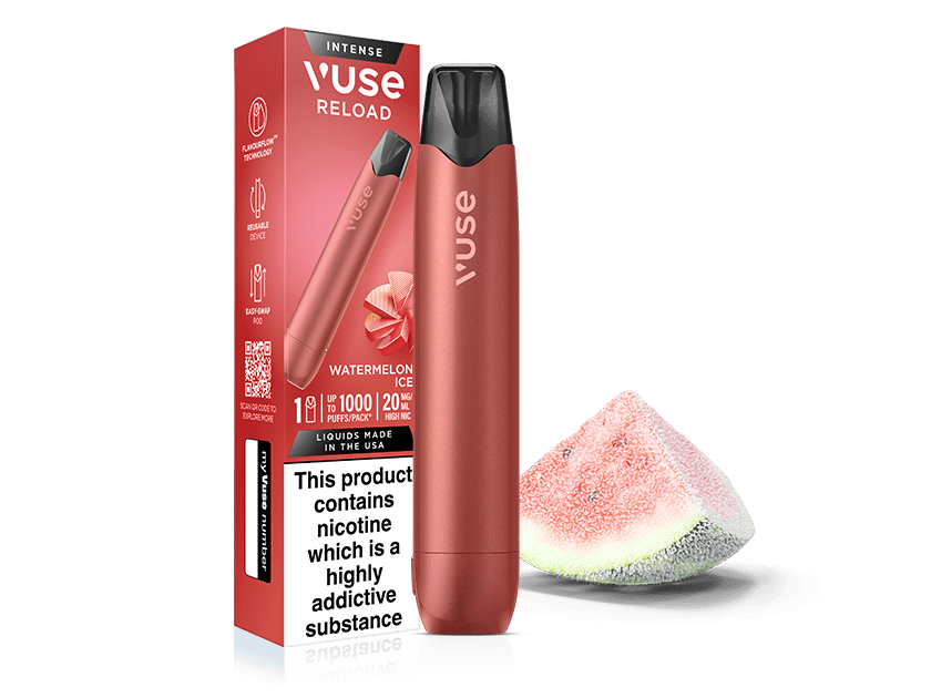 A Vuse Reload Watermelon Ice vape pen is shown next to its red packaging, featuring a watermelon slice graphic. There is also a frosty watermelon candy slice beside the pen. A nicotine warning label is on the box.