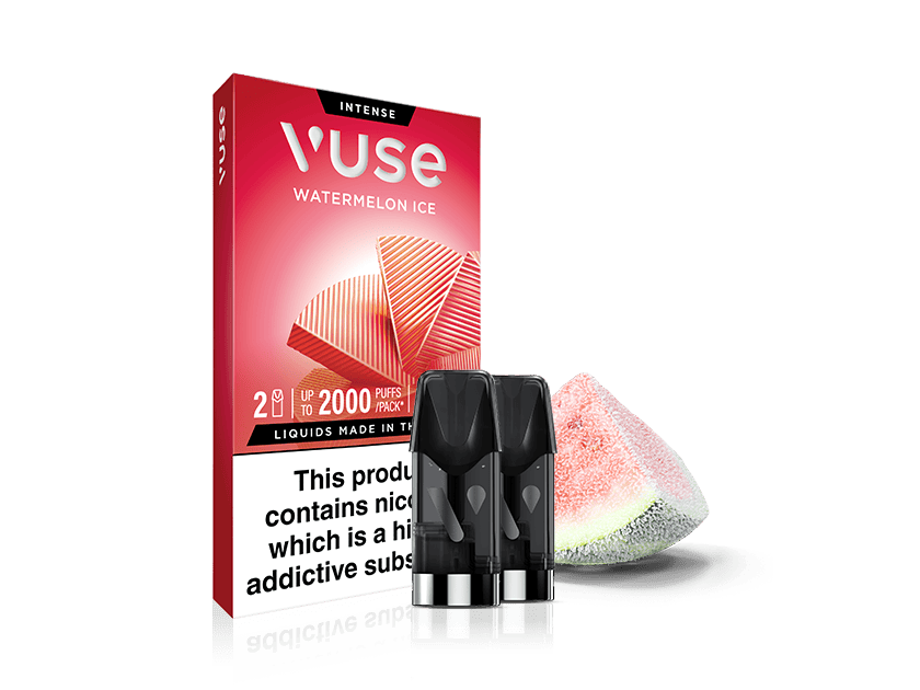 A Vuse Watermelon Ice vape pod package is shown with two black vape pods and a watermelon slice in front. The packaging indicates 2 pods, up to 2000 puffs, and a nicotine warning.