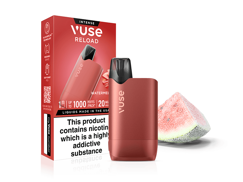 Red Vuse Reload vape device and its packaging are shown next to a slice of watermelon. The box displays product details and a nicotine warning label in bold text at the bottom.