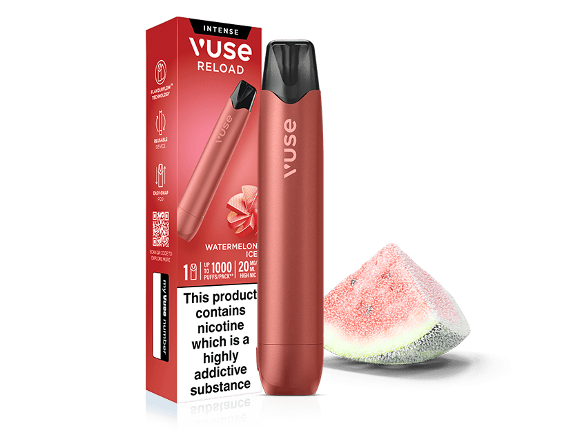 A cylindrical pink Watermelon Ice Vuse Reload Pen stands next to its vertical product box, which features a watermelon slice graphic and a prominent nicotine warning label.