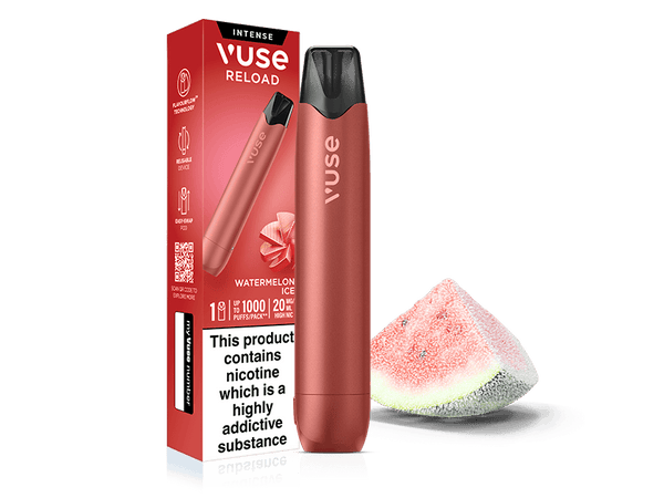 A cylindrical pink Watermelon Ice Vuse Reload Pen stands next to its vertical product box, which features a watermelon slice graphic and a prominent nicotine warning label.
