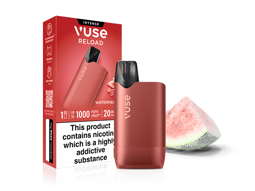 A red Vuse Reload vaping device and its Watermelon Ice Vuse Reload box, featuring a watermelon slice and a nicotine warning label.
